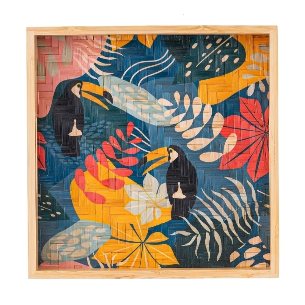 Bamboo Serving & Decor Tray 12.2” Square | Woven Art Tray w/ Handles – Toucan